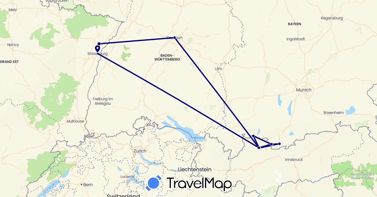 TravelMap itinerary: driving, plane in Austria, Germany, France (Europe)